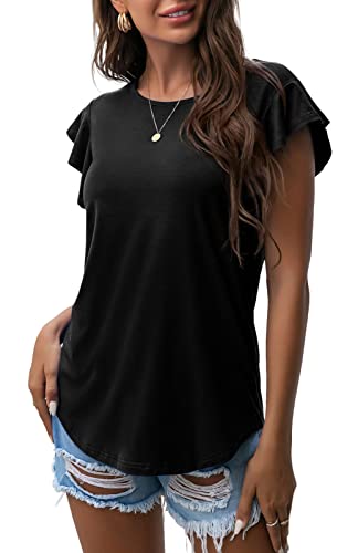PrinStory Women's Tops Summer Casual Ruffle Short Sleeves Knit Shirts Round Neck Tunic Top for Women 2024 Fashion Trend Black US XL