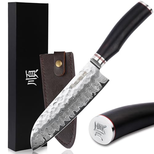 YOUSUNLONG Santoku Knife 7 Inch Chef Knife - Japanese Hammered Damascus Steel - Natural LeadWood Handle with Leather Sheath