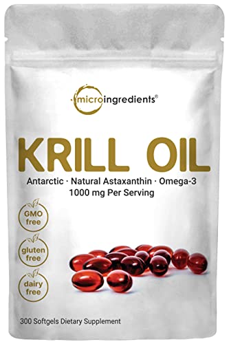 Micro Ingredients Antarctic Krill Oil Supplement, 1000mg Per Serving, 300 Soft-Gels, Rich in Omega-3s EPA, DHA & Natural Astaxanthin, Supports Immune System & Brain Health, Easy to Swallow