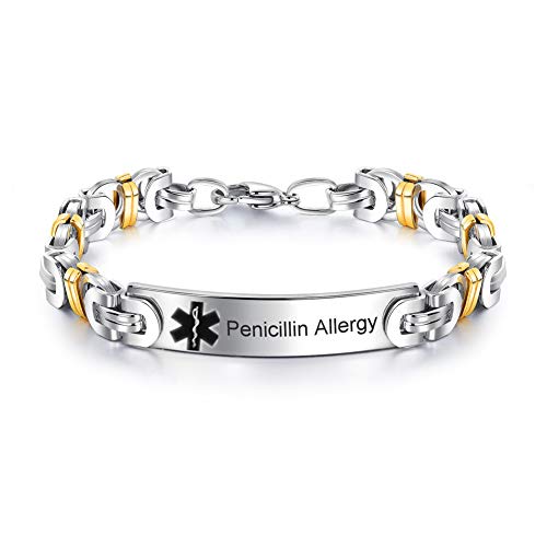 Personalized Custom Stainless Steel Medical Alert Allergy Awareness Byzantine Bracelet for Women Men Disease Identification ID Bangle Emergency Life Save for Mom,Dad,Son,Daughter,Free Engrave