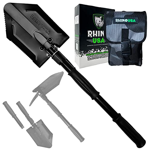 Rhino USA Survival Shovel w/Pick - Heavy Duty Carbon Steel Military Style Entrenching Tool for Off Road, Camping, Gardening, Beach, Digging Dirt, Sand, Mud & Snow. (Recovery Shovel)