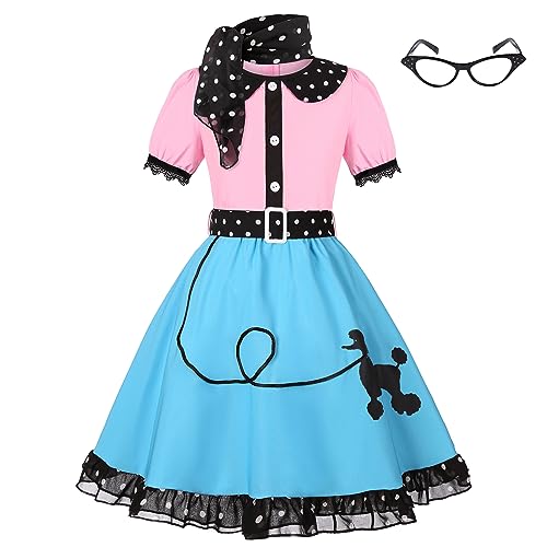 Simplecc Girls 50s Costume 1950s Pink Blue Poodle Cutie Set for Kids Halloween Costume (4-6 Years)