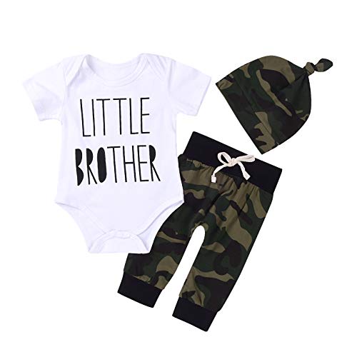 MEKILYN 3Pcs Baby Boys Little Brother Camouflage Romper Tops+Pants Leggings+ Hat Outfits Set (White&camouflage, 0-6m(Tag70))