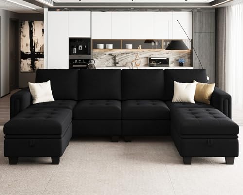 Belffin Velvet U Shaped Sectional Sofa Couch with Storage Ottoman Convertibel Sectional Sofa with Reversible Chaises Black