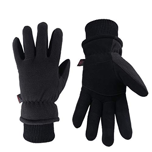 OZERO Winter Gloves for Men Women, Cold Proof Deerskin Suede Leather Warm Thermal Gloves for Driving, Working, Hiking, Skiing - Water Resistant Windproof, Denim-Black Large