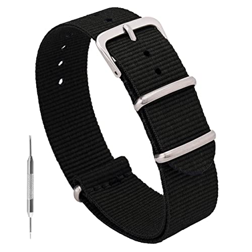 Benchmark Basics Nylon Watch Band - Waterproof Ballistic Nylon One-Piece Military Watch Straps for Men & Women - Choice of Color & Width - 18mm, 20mm, 22mm or 24mm (18mm, Black)