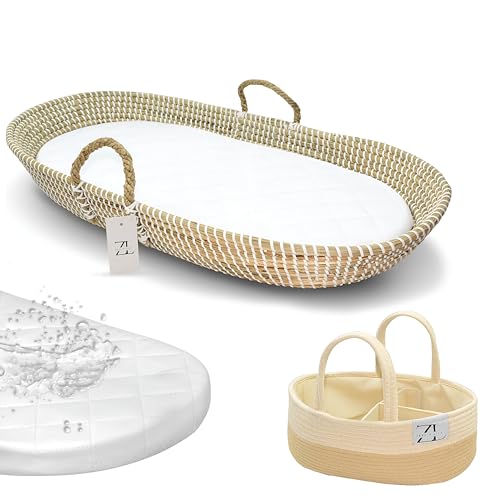 ZEAL'N LIFE Baby Changing Basket with Diaper Caddy & Waterproof Changing Pad Covers, Handmade Seagrass Moses Basket, Moses Basket for Babies & Newborn, Changing Basket Baby (Seagrass Basket)