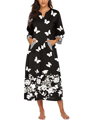 Ekouaer Long Duster Housecoat Nightgown Womens Sleepwear Momo Dresses Cotton 3/4 Sleeve Zip Front Bathrobe Nightwear House Dress With Pockets Comfy Lounger