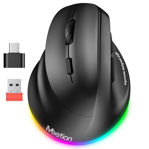 MEETION Left-Handed Mouse, Ergonomic Mouse Wireless Vertical Mouse RGB Rechargeable Mice for Bluetooth(5.2 + 3.0) & USB-A with Type-c Adapter 4 Adjustable DPI for Mac/Windows/Andriod/PC/Tablet