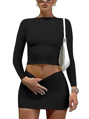 LAGSHIAN Women Sexy 2 Piece Outfits Long Sleeve Crop Top Bodycon Mini Skirt Club Suits Dress Black