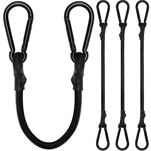 Bungee Cords with Carabiner, 12 Inch Long Heavy Duty Bungee Cords with Carabiner Clip Outdoor, 1/3 Inch Black Extra Strong Elastic Rope with Carabiner Hooks for Camping, Tarps, Bike Rack, Tent, 4 Pack