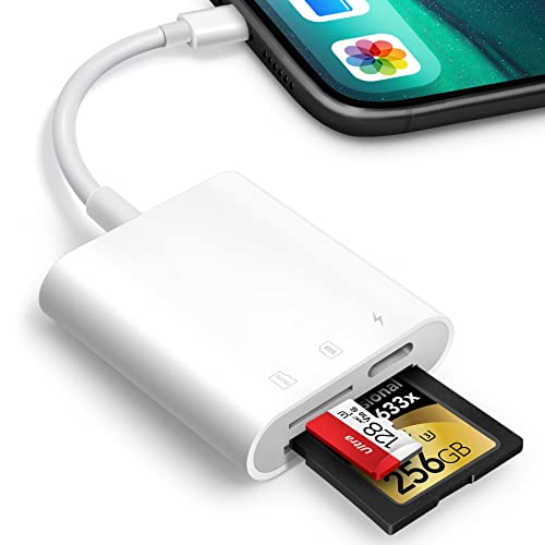 SD Card Reader for iPhone iPad, Oyuiasle Trail Game Camera SD Card Viewer with Dual Slot for MicroSD/SD, Dual-Connector Memory Card Adapter for Photography, Plug and Play