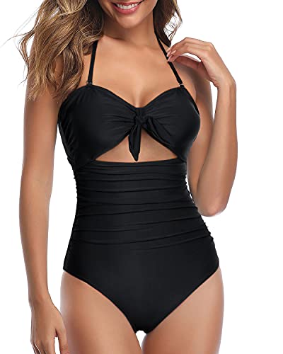 Tempt Me Women Black Sexy Cutout One Piece Swimsuits Tummy Control High Waisted Halter Front Tie Knot Bathing Suit M