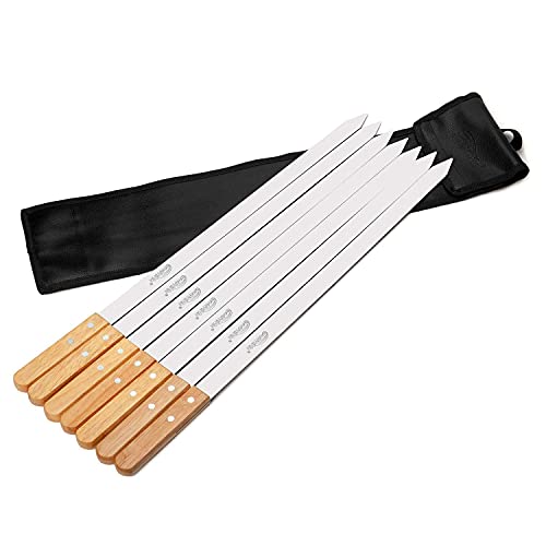 Goutime Kabob Skewers,23 Inch Long,1 Inch Wide, Metal Stainless Steel BBQ Skewer with Wooden Handle for Grilling Koubideh Persian Brazilian Chicken Shish Kebab,Set of 7 with Bag