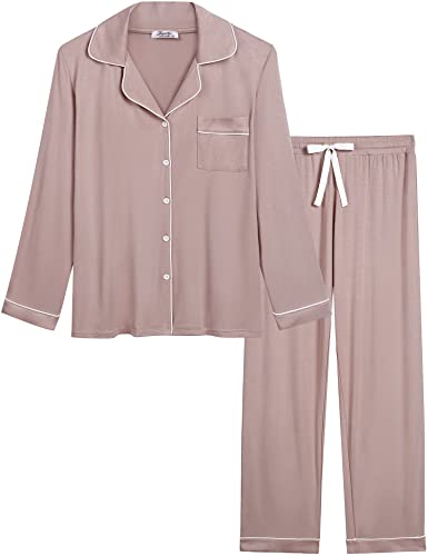Cherrydew Women Bamboo Viscose Super Soft Comfy Cooling Long Sleeve Button down Pajama Sets (Blushing Pink,L)