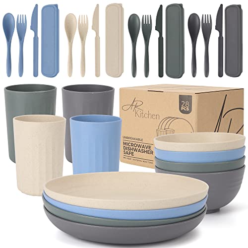AR Kitchen Wheat Straw Dinnerware Set - 28-Pcs Unbreakable Dinnerware Set with Plates, Bowls, Cutlery, Drinking Cups - Eco-Friendly Natural Wheat Straw - Non-BPA Food-Grade Microwave-Safe Dinnerware