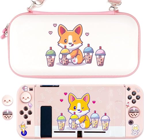 BelugaDesign Corgi Boba Switch Bundle | Cute Carry Case Cover Shell Thumb Grips Compatible with Nintendo Switch | Animal Dog Bubble Tea (Switch Standard Bundle, Pink)