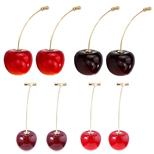 4 Pairs 3D Lifelike Red Cherry Dangle Drop Earrings Creative Assorted Cute Fruits Earring Charm Sweet Jewelry Set for Women Girls Kids (Red+WineRed)