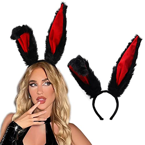 Bunny Ears Headbands Furry Rabbit Ear Headband Party Prom Cosplay Headwear Costume Hair Accessories for Women (Black)