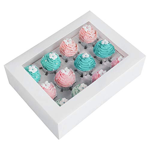 ONE MORE 15-Pack White Cupcake Boxes 12 Holders Cake Carrier Food Grade Pop-up Bakery Boxes 13.8 x 9.5 x 4inch with Inserts and PVC Windows Fits 12 Cavity Cupcake Pack of 15