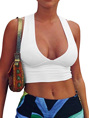 AEPEBO Sexy Crop Tops for Women Deep V Neck Back Cutout Sleeveless Plunge Racerback Tank Cropped Top White S