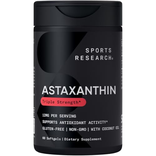 Sports Research Triple Strength Astaxanthin 12mg with Organic Coconut Oil - Antioxidant Supplement, Non-GMO Verified & Gluten Free - 60 Softgels