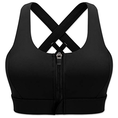 Cordaw Zipper in Front Sports Bra High Impact Strappy Back Support Workout Top, Black XL