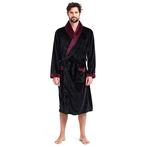HOLOVE Mens Fannel Robes Coral Fleece Robe Full Length Long Spa Bathrobe (Black+Wine L/XL)