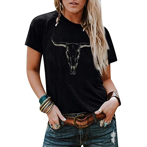 Boho Cow Skull Shirt Women Cowgirl t Shirt Vintage Western Rodeo Graphic Tee Short Sleeve Bull Skull Casual Top