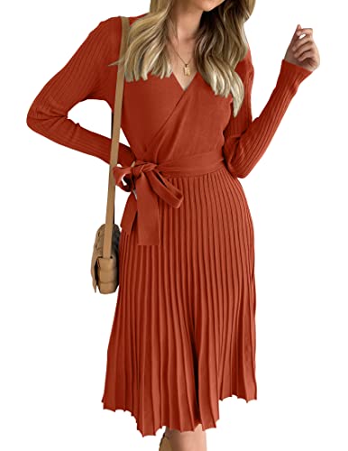 ZESICA Women's 2024 Fall Long Sleeve Wrap V Neck Ribbed Knit Pleated A Line Pullover Sweater Dress with Belt,Rust,Large
