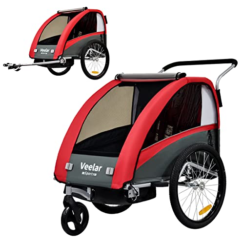 Veelar Sports Suspension Bike Trailer & Stroller 2 in 1 Double Seat for Toddlers, Kids, Child Bicycle Carrier Jogger (Red)