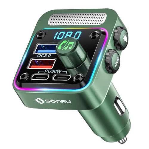 Bluetooth 5.3 FM Transmitter Car Adapter - SONRU Car Charger 54W [PD 36W & QC3.0 18W], Wireless FM Radio Transmitter [HiFi Treble & Bass Player], 5 Colors LED Backlit, Hands-Free Calling, U-Disk