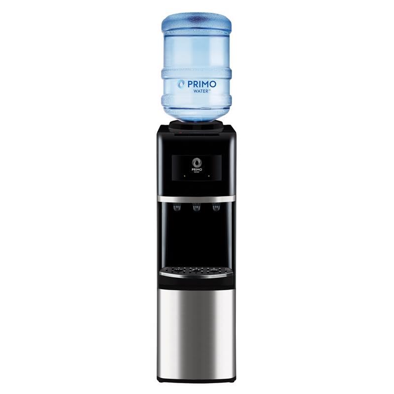 Primo Top-Loading Water Dispenser - 3 Temp (Hot-Cool-Cold) Water Cooler Water Dispenser for 5 Gallon Bottle w/Child-Resistant Safety Feature, Black and Stainless Steel, 3 Spout