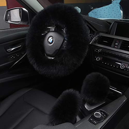 3Pcs Set Fashion Fluffy Fuzzy Wool Fur Soft Car Steering Wheel Cover with Handbrake Cover & Gear Shift Cover for Women/Girls/Ladies Auto Long Wool Accessories