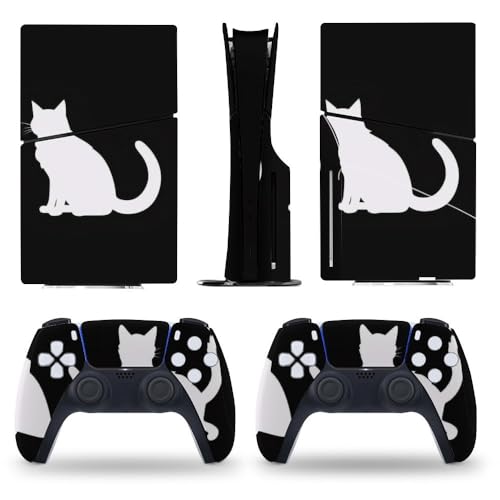 Buyidec Sticker Skin for PS5 Slim Disc Black Whith Cat Silhouette Skin Console Controller Accessories Cover Skins Anime Vinyl Cover Sticker Full Set for Playstation5 Slim Disk Edition
