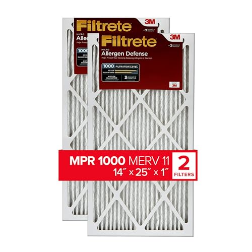 Filtrete 14x25x1 AC Furnace Air Filter, MERV 11, MPR 1000, Micro Allergen Defense, 3-Month Pleated 1-Inch Electrostatic Air Cleaning Filter, 2 Pack (Actual Size 13.781 x 24.781 x 0.84 in)