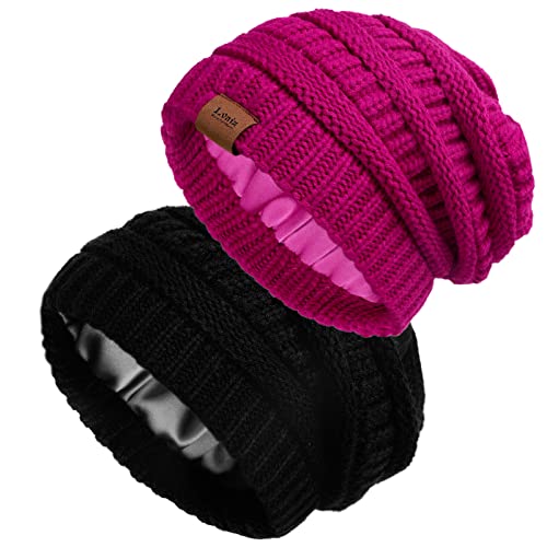 2 Pack Satin Lined Knitted Beanie Hats for Women Winter Warm Stretch Slouch Cable Beanie with Satin Silk Lining Black+Rose