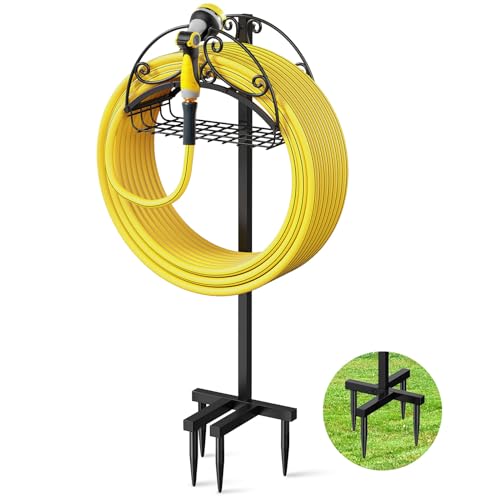 Helhom Garden Hose Holder Freestanding, Water Hose Holders with Storage Basket Detachable Garden Hose Stand Heavy Duty for Outside Lawn Yard