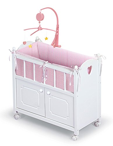 Badger Basket Toy Doll Bed - Wood Doll Crib Bassinet with Bedding and Storage, Fits 22 Inch Dolls, White/Pink Gingham
