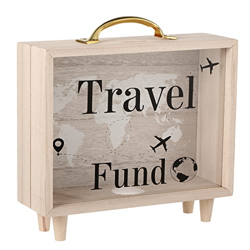 Vesici Travel Fund Box Vacation Fund Box Decorative Savings Box Suitcase Wooden Money Box Wood Bank Coin Bank for Adults Travel Vacation Wedding, 8 x 7.3 x 2.8 Inch(Travel Fund)