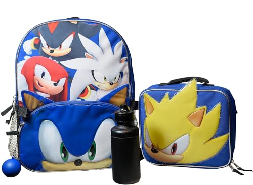 AI ACCESSORY INNOVATIONS Sega Sonic the Hedgehog 4 Piece Backpack Set, Kids 16' School Travel Bag with Front Zip Pocket, Blue