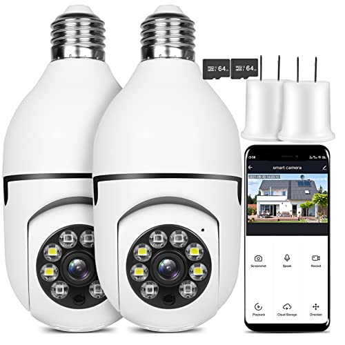 OFYOO Light Bulb Security Camera, Safecam 360 Security Cameras Wireless Outdoor Camera for Home Security, 2 Packs with 64GB Memory Cards, Motion Detection and Alarm Two-Way Audio