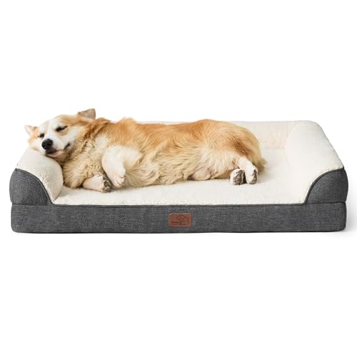 Bedsure Memory Foam Dog Bed for Medium Dogs - Orthopedic Egg&Memory Foam Dog Sofa Bed with Soft Sherpa Surface, Bolster Pet Couch with Removable Washable Cover,Waterproof Layer and Nonskid Bottom,Grey