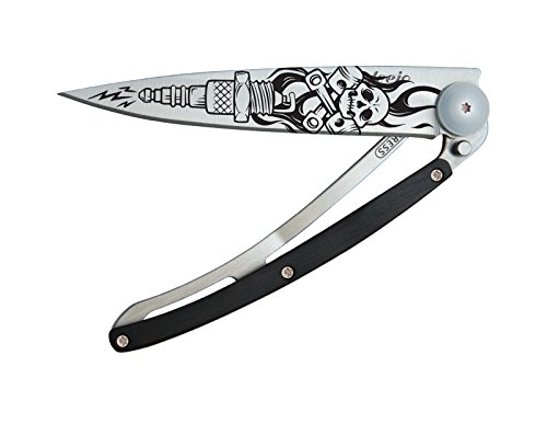 Deejo Ultra Lightweight Folding Pocket Knife with Belt Clip - Ebony Version 1.3 oz - Fine, Sharp Blade -Biker Pattern - Stainless Steel - Elegant and Modern Design