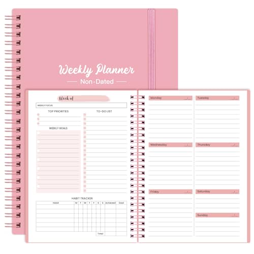 Undated Weekly Planner Notebook - A5 To Do List Planner with 64 Undated Weeks（8.4'×6'）- Weekly Planner Spiral Binding for Weekly Goals Planner - Pink