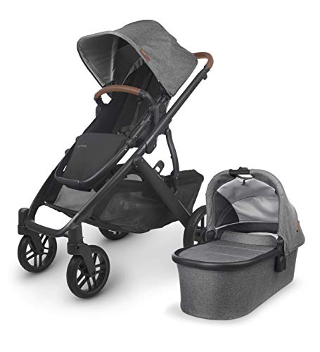 UPPAbaby Vista V2 Stroller / Convertible Single-To-Double System / Bassinet, Toddler Seat, Bug Shield, Rain Shield, and Storage Bag Included / Greyson (Charcoal Mélange/Carbon Frame/Saddle Leather)