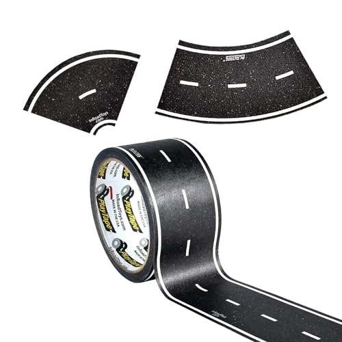 PlayTape Road Tape and Curves for Toy Cars - 1 Roll of 60 ft. x 2 in. Black Road + 1 Roll of 36 Curves
