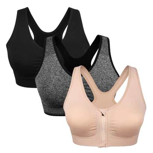 Women's Zip Front Sports Bra Wireless Post-Surgery, Yoga Sports Bras (L:Fit 34C,34,34D,34DD,36B,36C,38A,38B, 3 Pack(Black+Grey+Flesh))