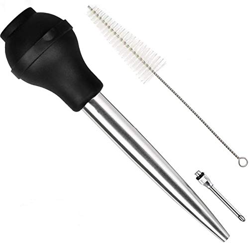 Home Servz Deluxe 304 Stainless Steel Turkey Baster Syringe Injector Needle With Cleaning Brush- Newest black Silicone Bulb