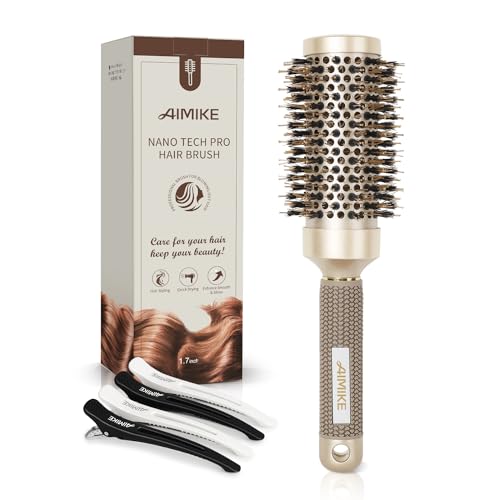 AIMIKE Nano Thermal Ceramic & Ionic Hair Brush with Boar Bristles for Styling, Volume & Shine (2.9 inch, 1.7 inch Barrel) + 4 Free Clips